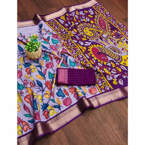 Lavender Floral Printed Dola Silk Saree With Zari Border