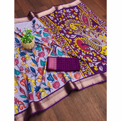 Lavender Floral Printed Dola Silk Saree With Zari Border