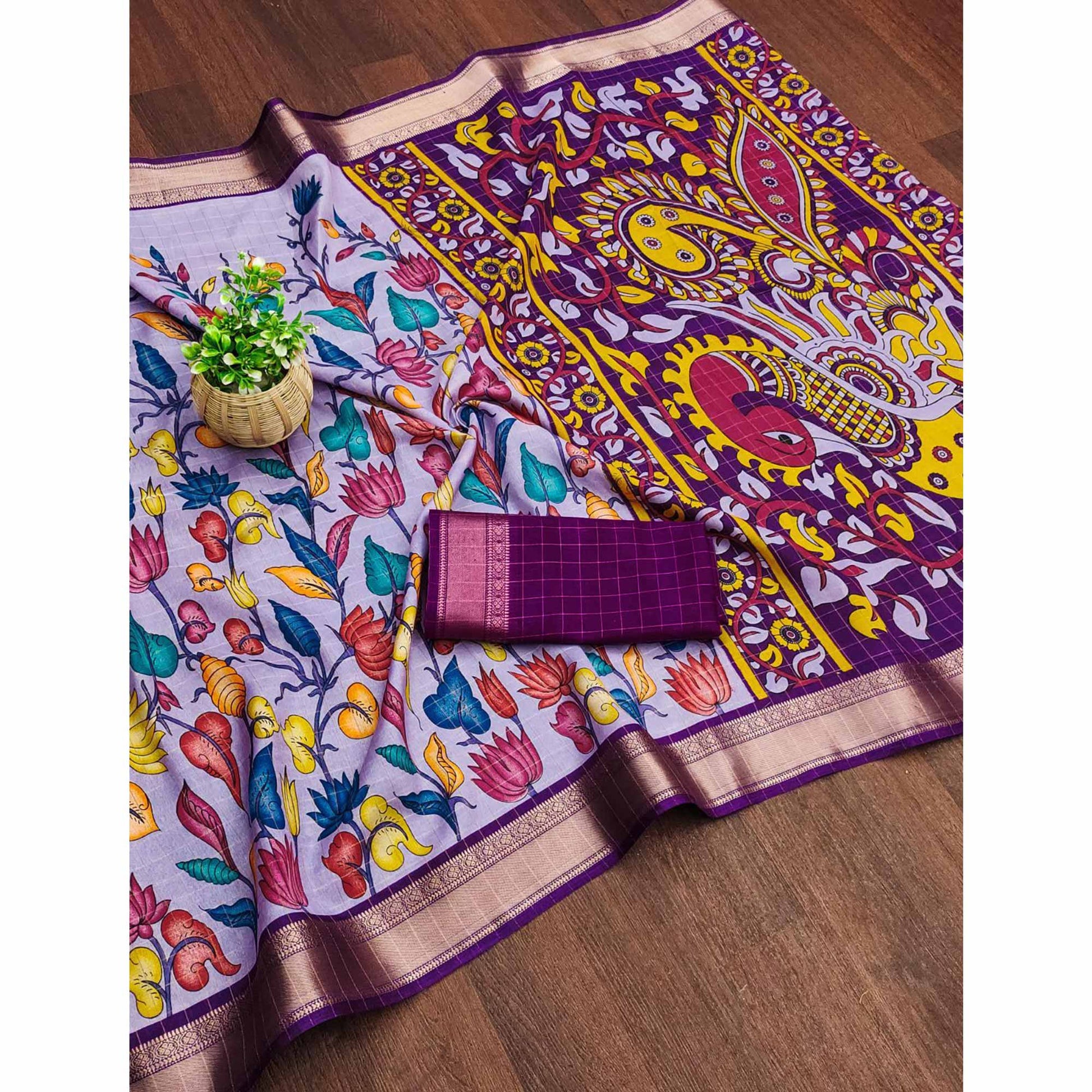 Lavender Floral Printed Dola Silk Saree With Zari Border