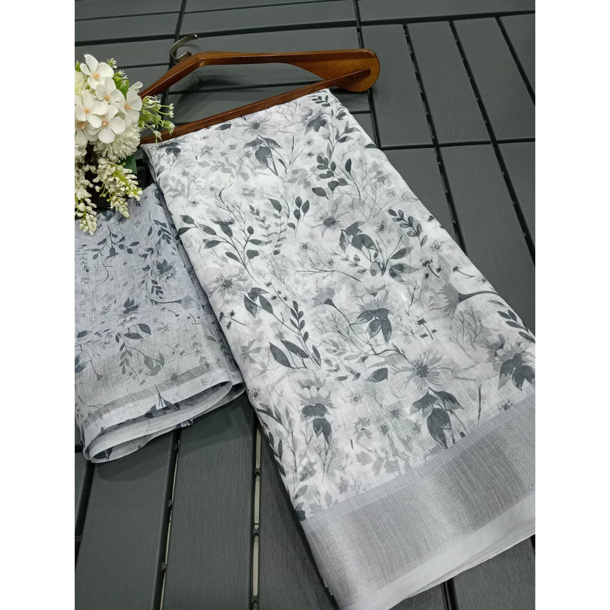 Light Grey Floral Digital Printed Linen Saree