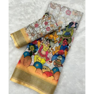 White Printed Linen Saree