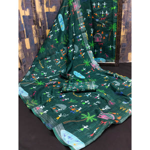 green-digital-printed-linen-saree-4
