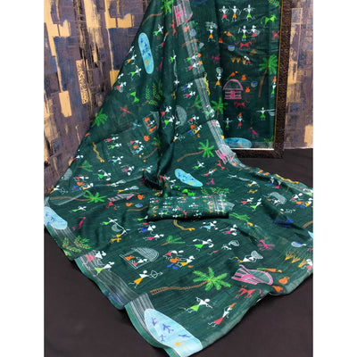 green-digital-printed-linen-saree-4