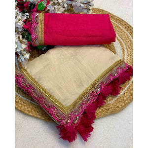 Cream Solid With Sequins Embroidered Moss Chiffon Saree