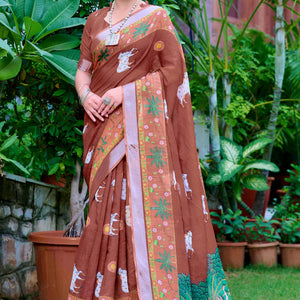 Brown Floral Printed Linen Saree