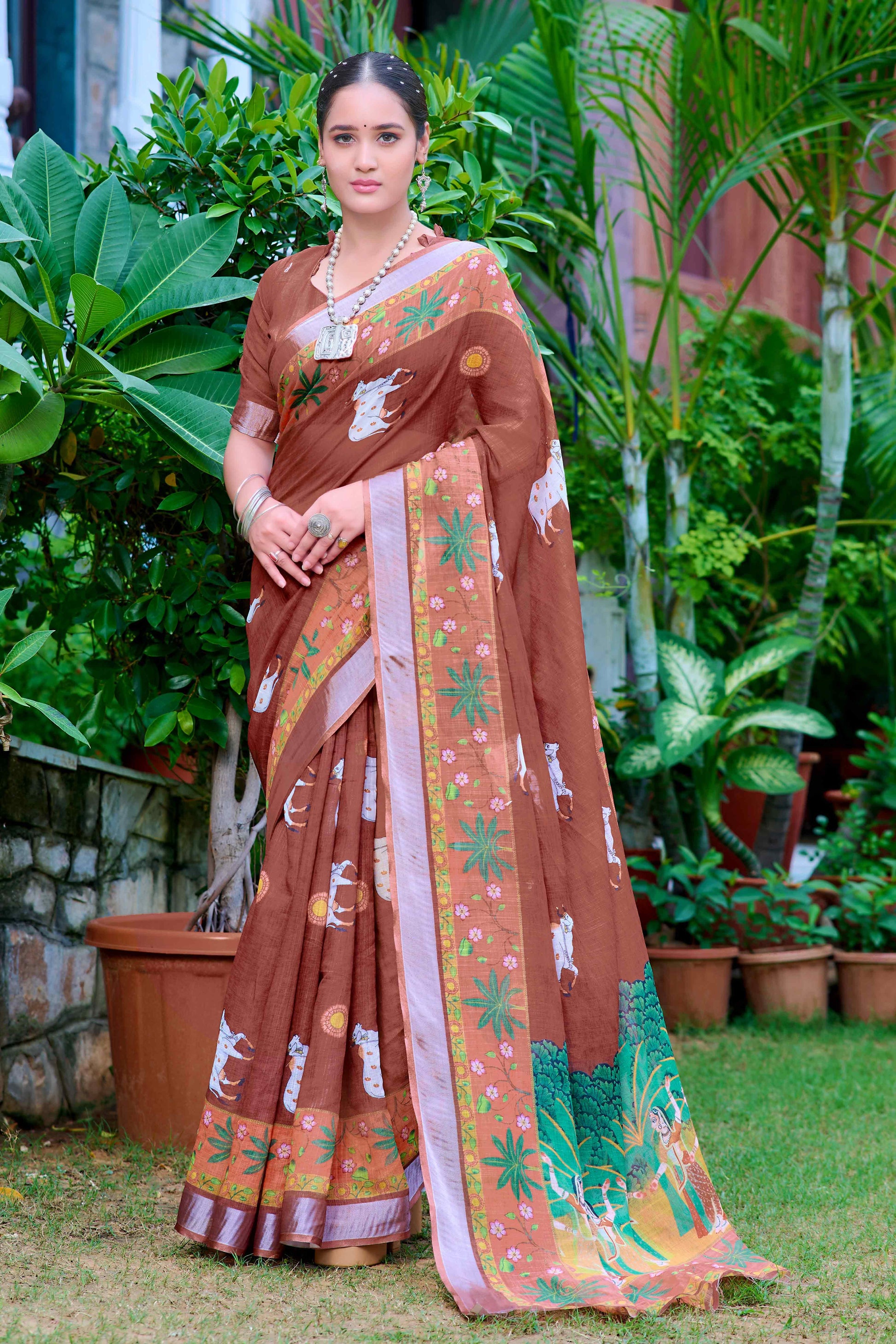 Brown Floral Printed Linen Saree