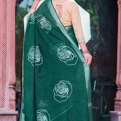 Dark Green Floral Printed Linen Saree