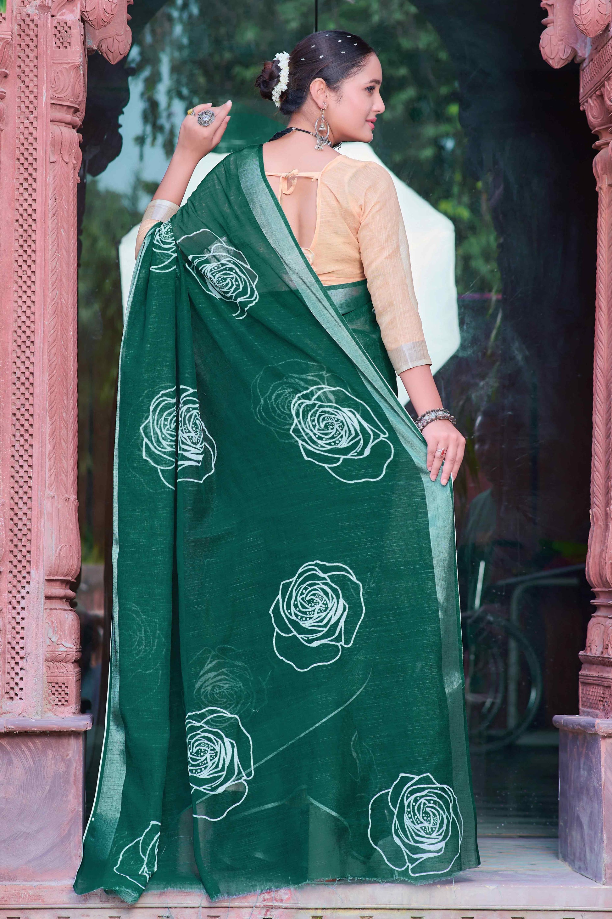 Dark Green Floral Printed Linen Saree