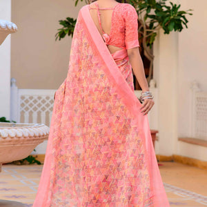 Gajri Pink Geometric Printed Linen Saree