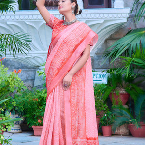 Gajri Pink Bandhani Printed Linen Saree