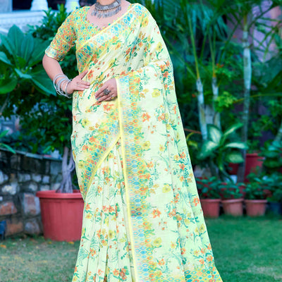 green-floral-printed-linen-saree-3