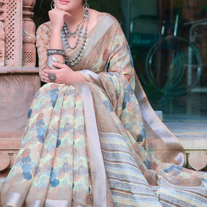 Light Brown Geometric Printed Linen Saree
