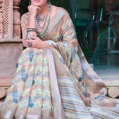 Light Brown Geometric Printed Linen Saree