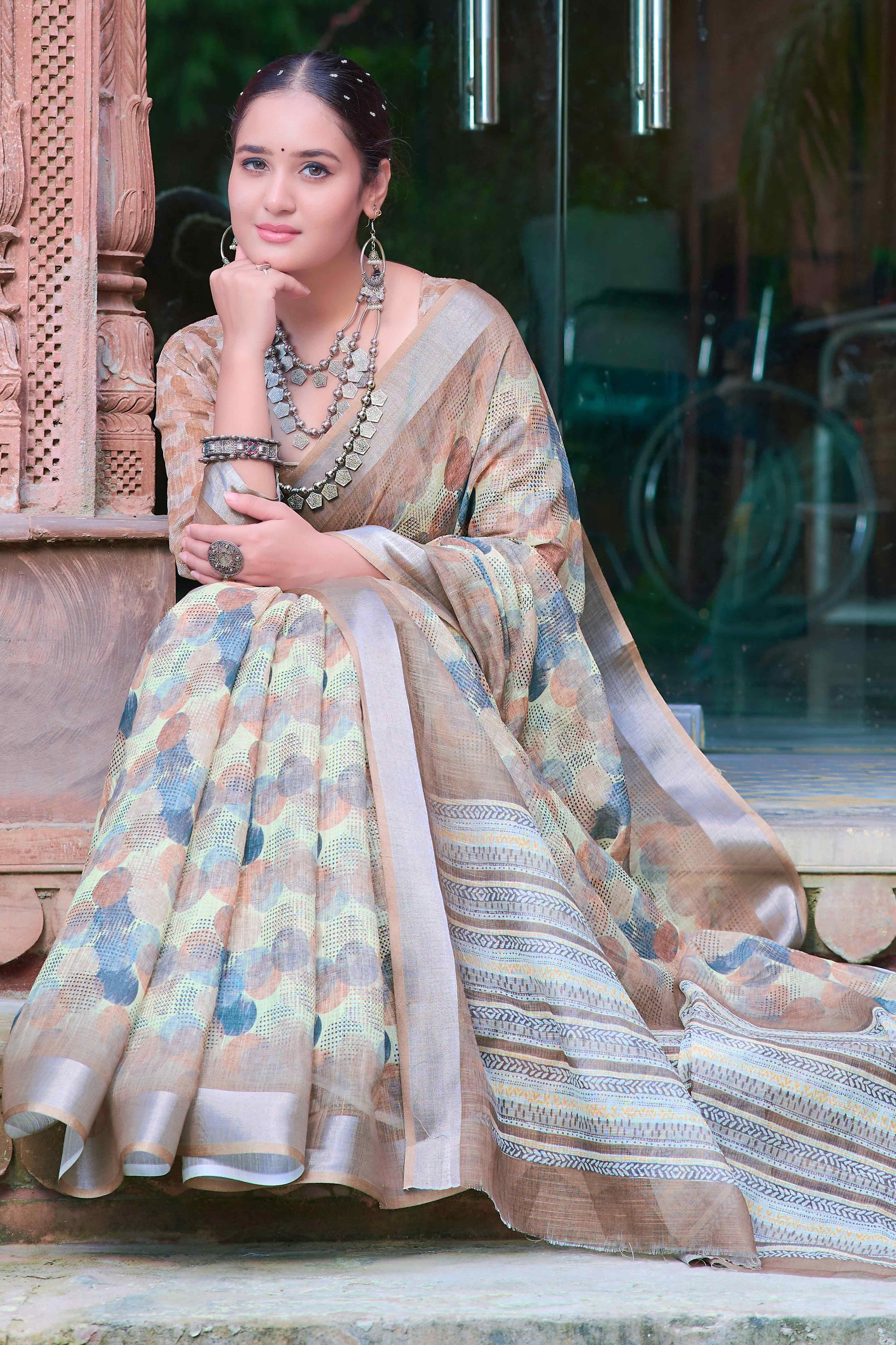 Light Brown Geometric Printed Linen Saree