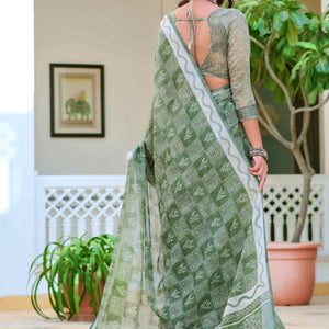 Light Green Floral Printed Linen Saree