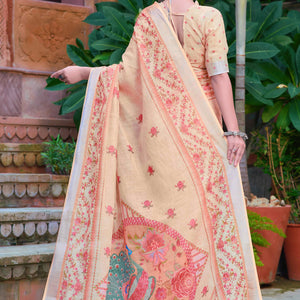 Light Peach Floral Printed Linen Saree