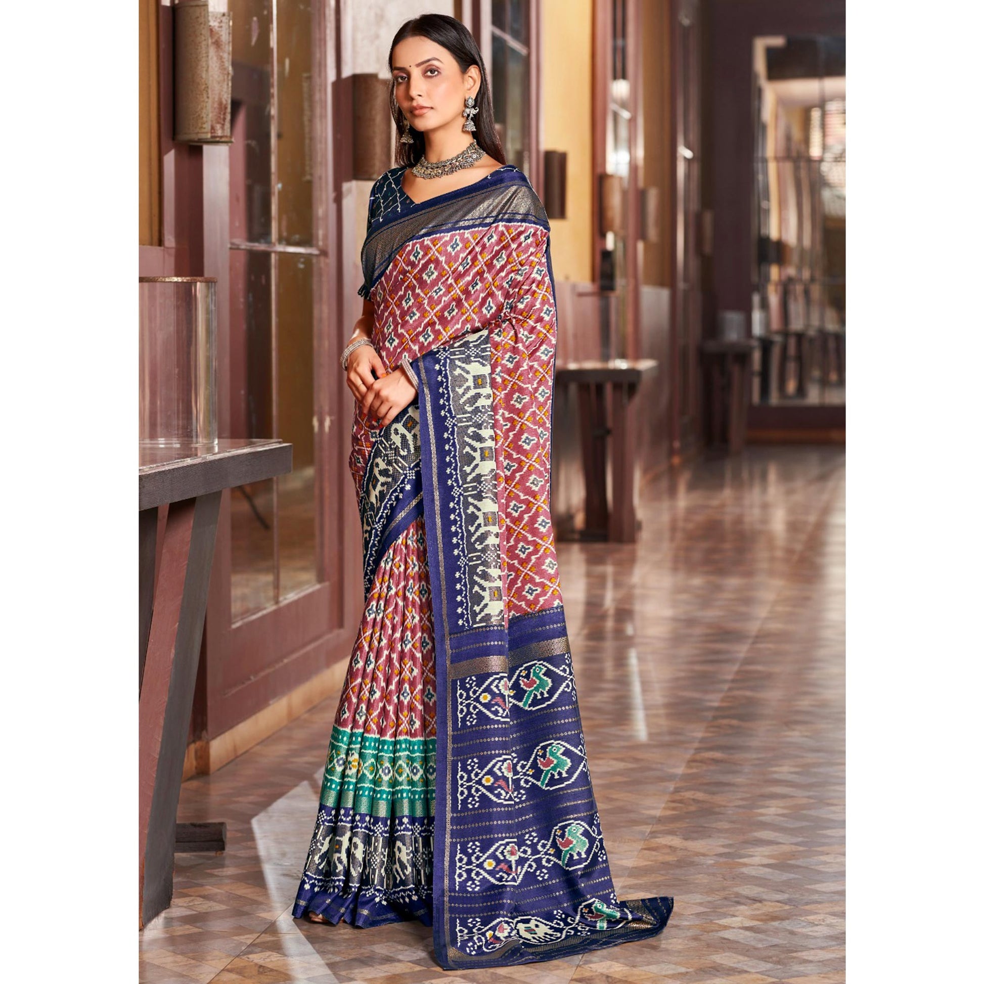 Mauve & Blue Patola Printed Dola Silk Saree