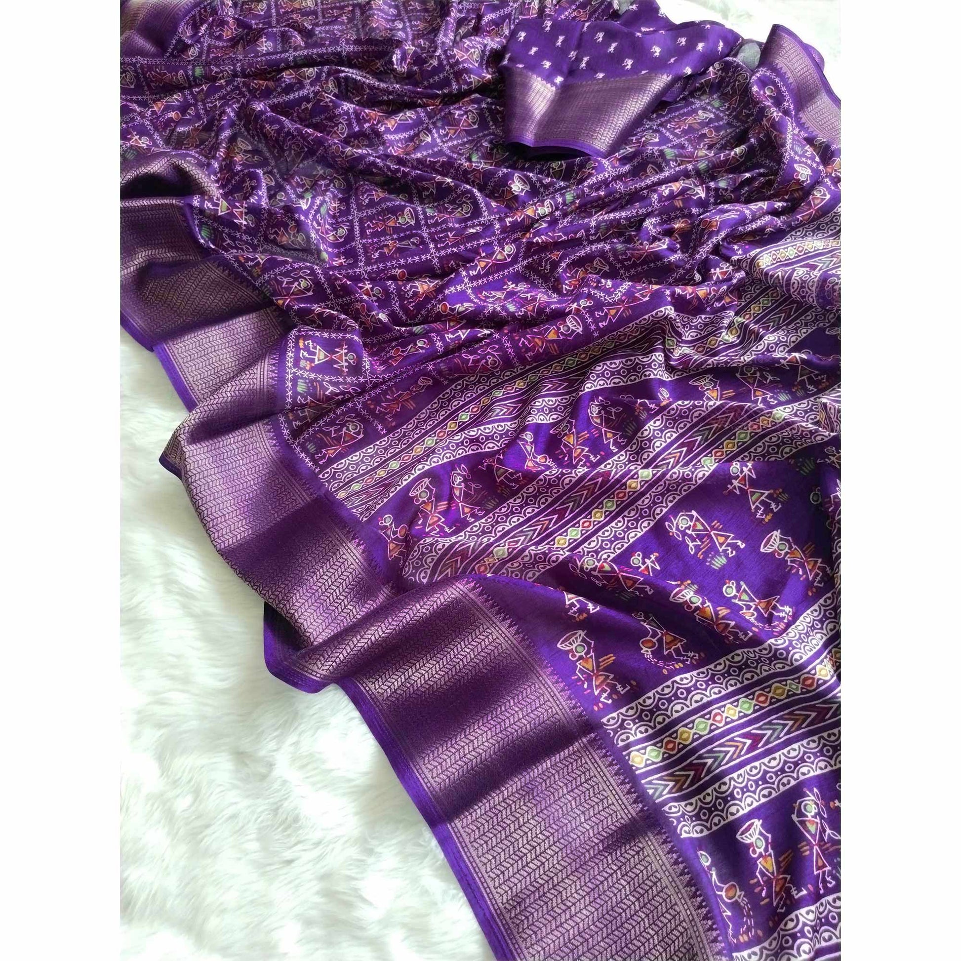 Lavender Printed Dola Silk Saree With Zari Border