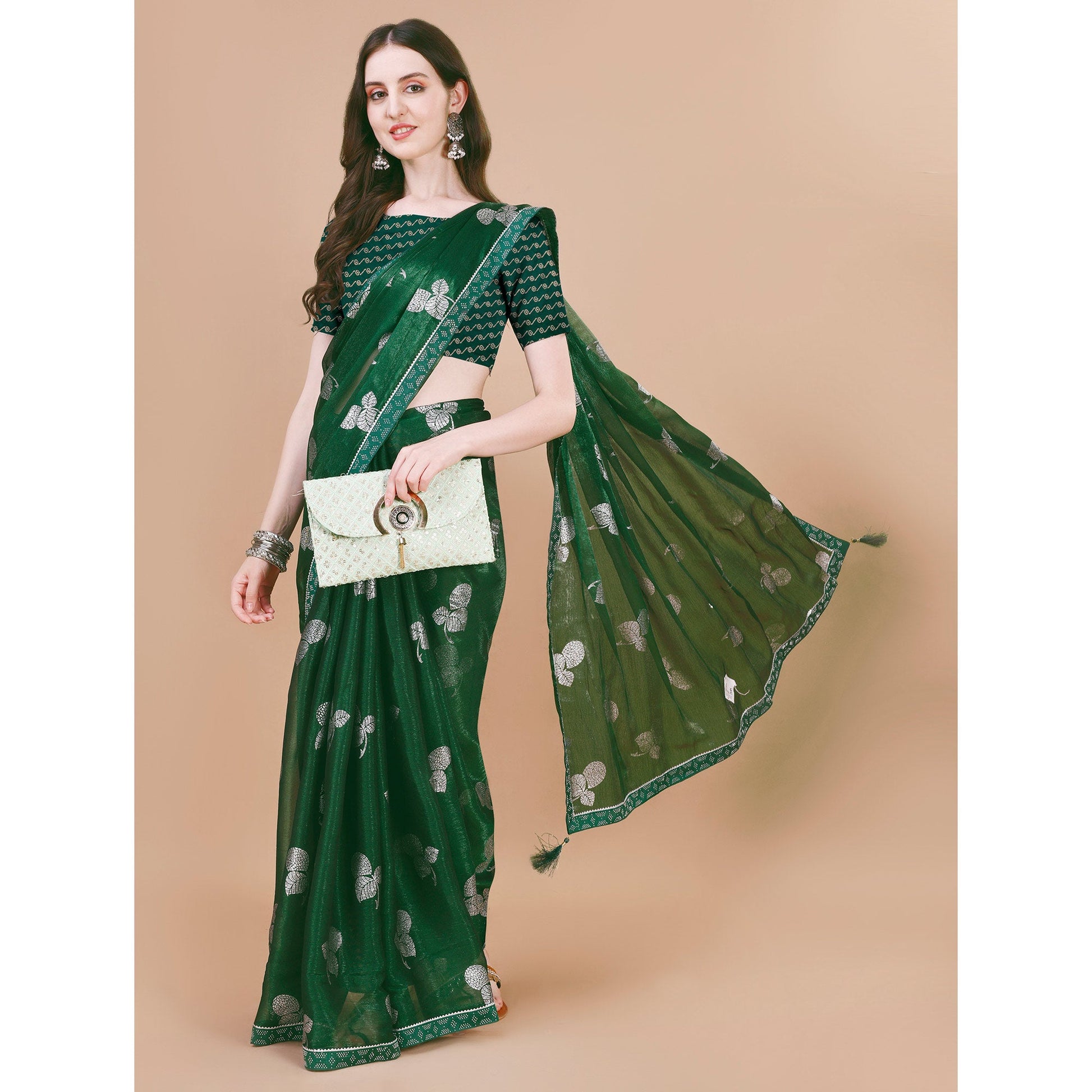 green-floral-foil-printed-chiffon-saree