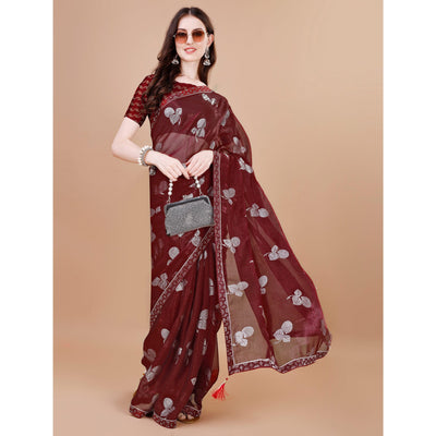 Maroon Floral Foil Printed Chiffon Saree