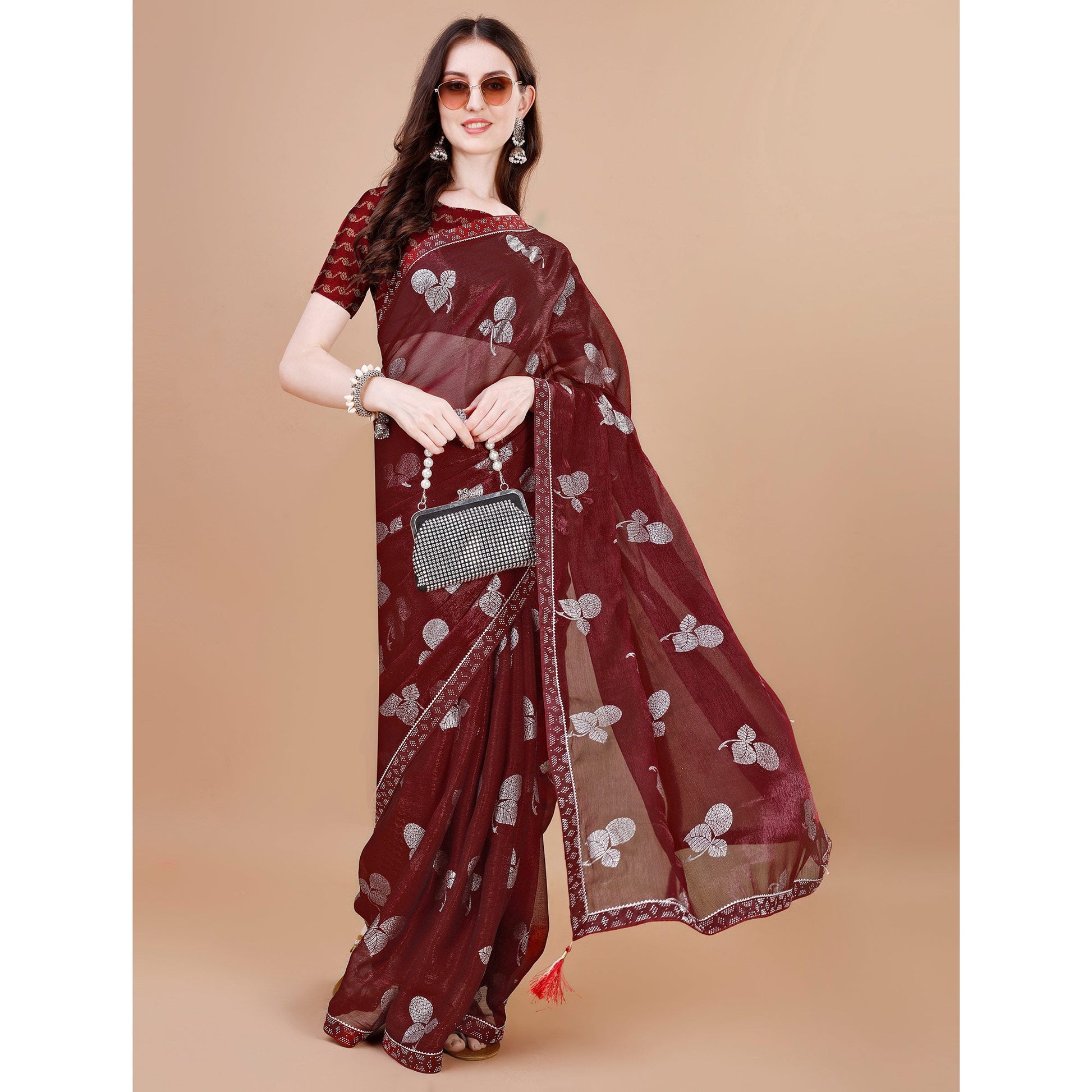 Maroon Floral Foil Printed Chiffon Saree