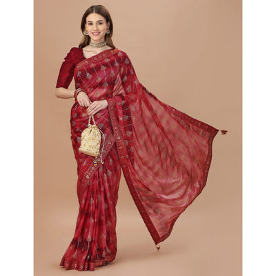 Maroon Foil Printed Lycra Saree With Lace Border