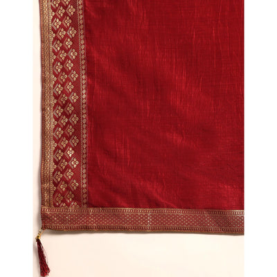 Maroon Solid Vichitra Silk Saree With Zari Border