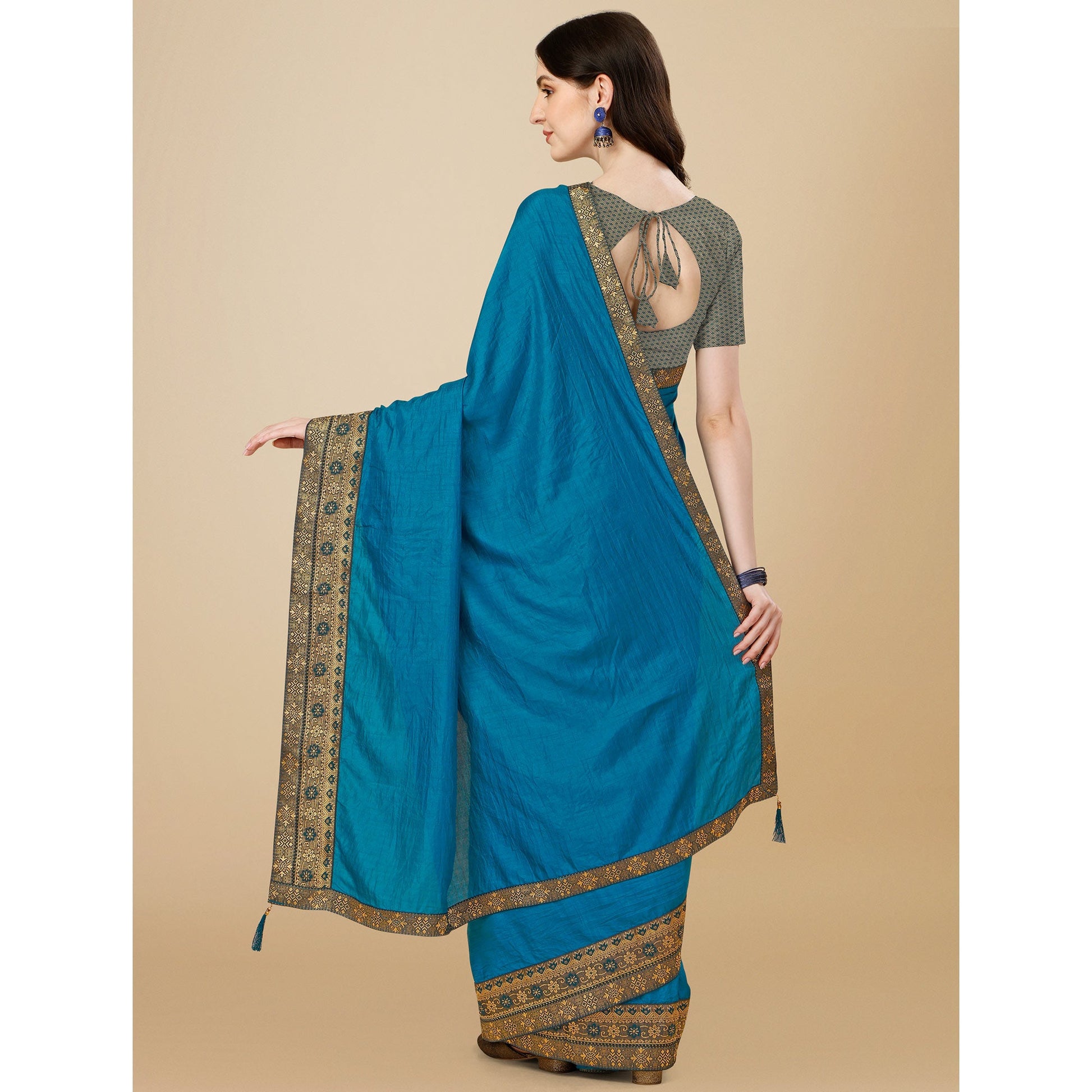 Blue Solid Vichitra Silk Saree