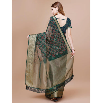 green-bandhani-printed-organza-saree-with-woven-border