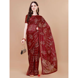 Maroon Foil Printed Chiffon Saree With Lace Border