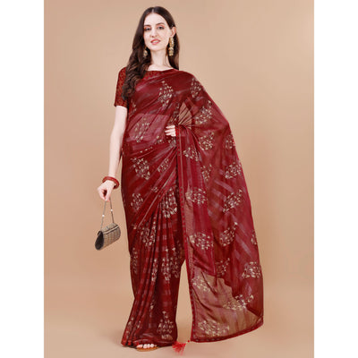 Maroon Foil Printed Chiffon Saree With Lace Border