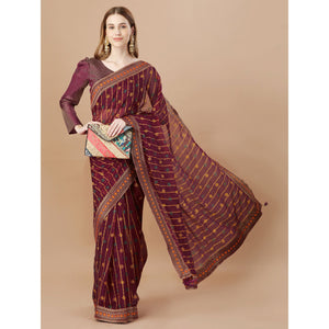 Maroon Foil Printed Chiffon Saree With Lace Border