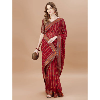Maroon Foil Printed Chiffon Saree With Lace Border