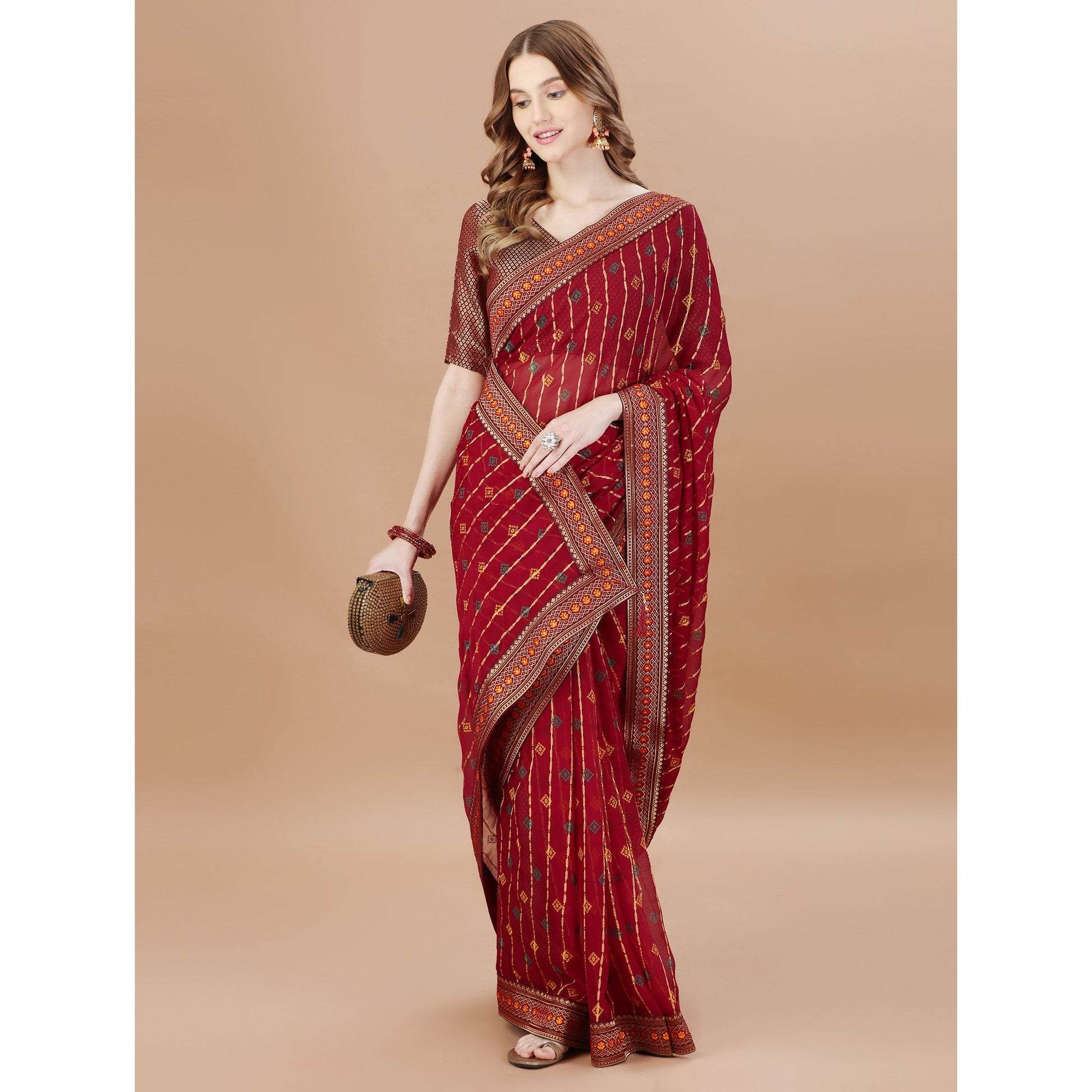 Maroon Foil Printed Chiffon Saree With Lace Border
