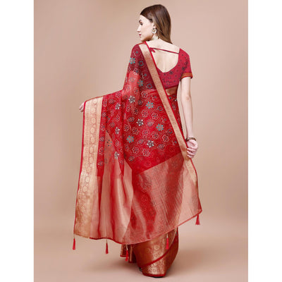 Dark Red Bandhani Printed Organza Saree With Woven Border