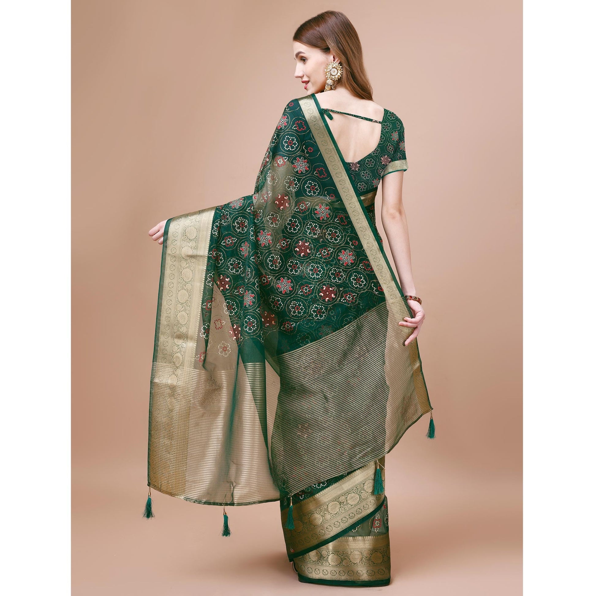 green-bandhani-printed-organza-saree-with-woven-border-1