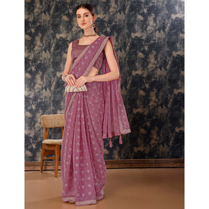 Mauve Printed Chiffon Saree With Lace Border