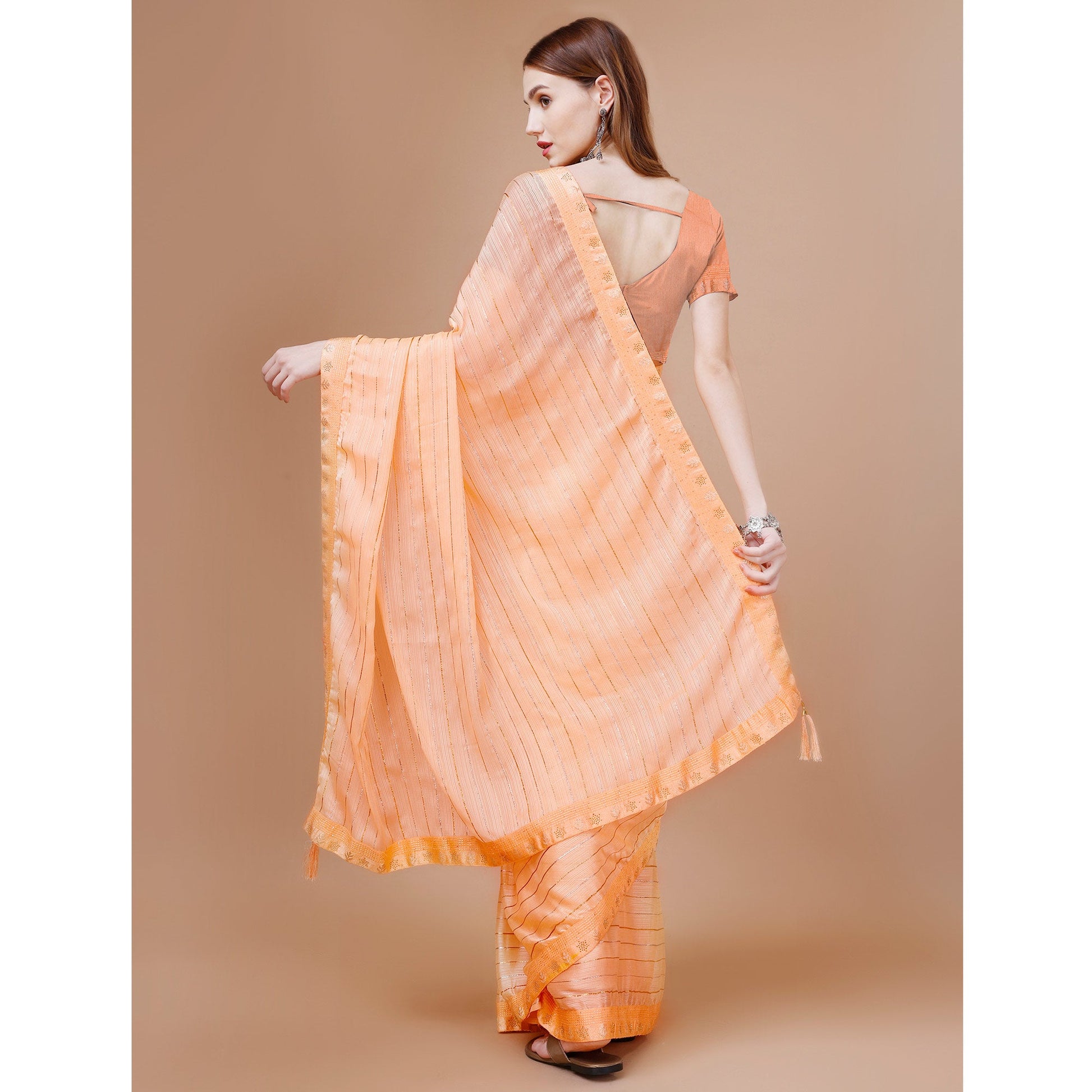 Light Orange Zari Work Chiffon Saree
