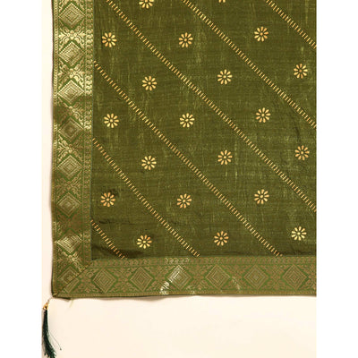Mehendi Green Floral Foil Printed Vichitra Silk Saree