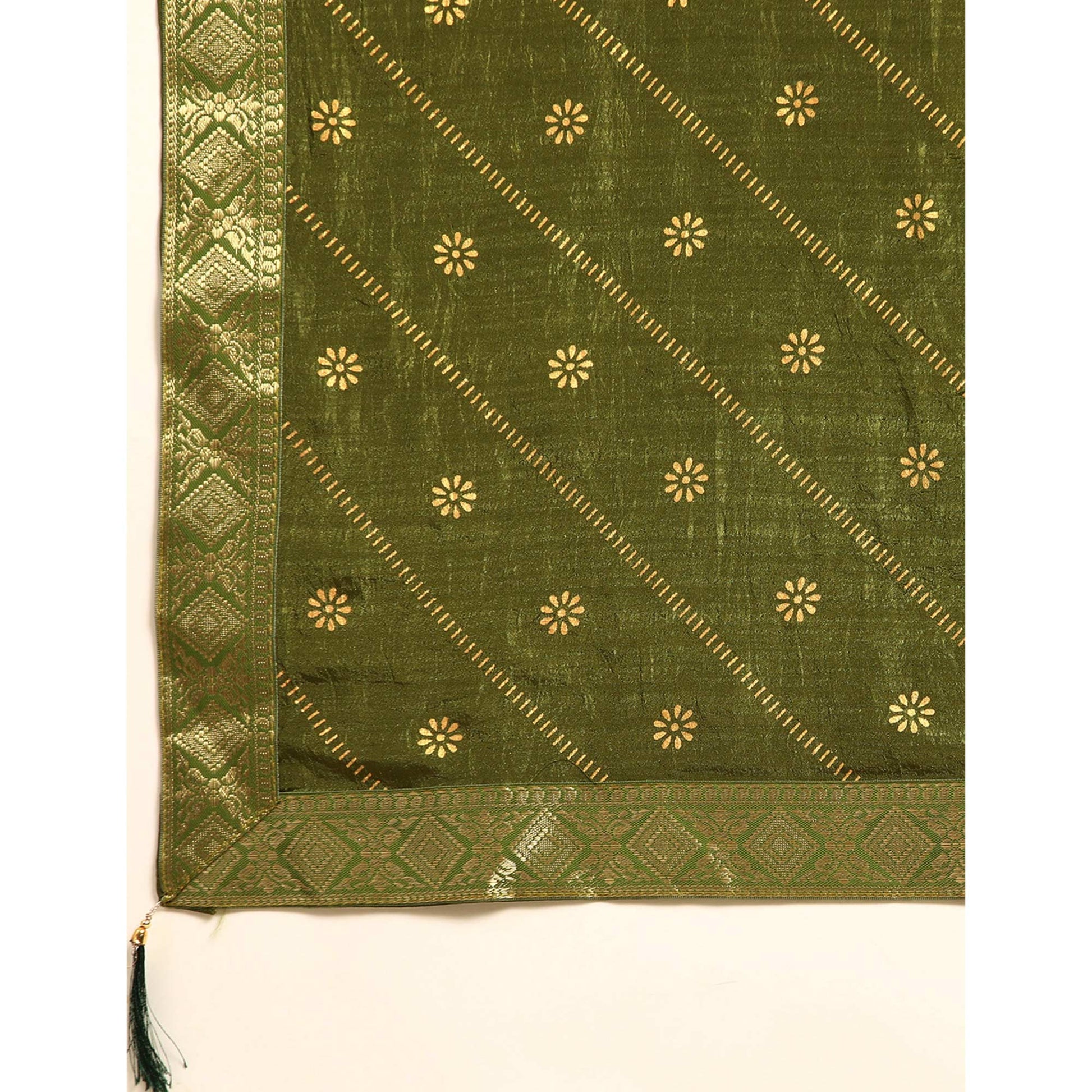 Mehendi Green Floral Foil Printed Vichitra Silk Saree