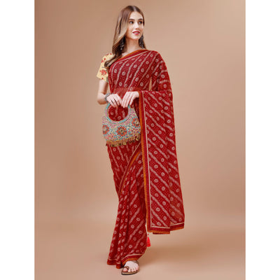Maroon Floral Foil Printed Chiffon Saree With Lace Border