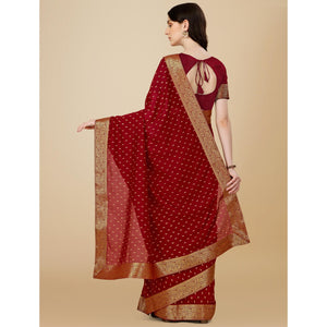 Maroon Foil Printed Vichitra Silk Saree With Jacquard Border