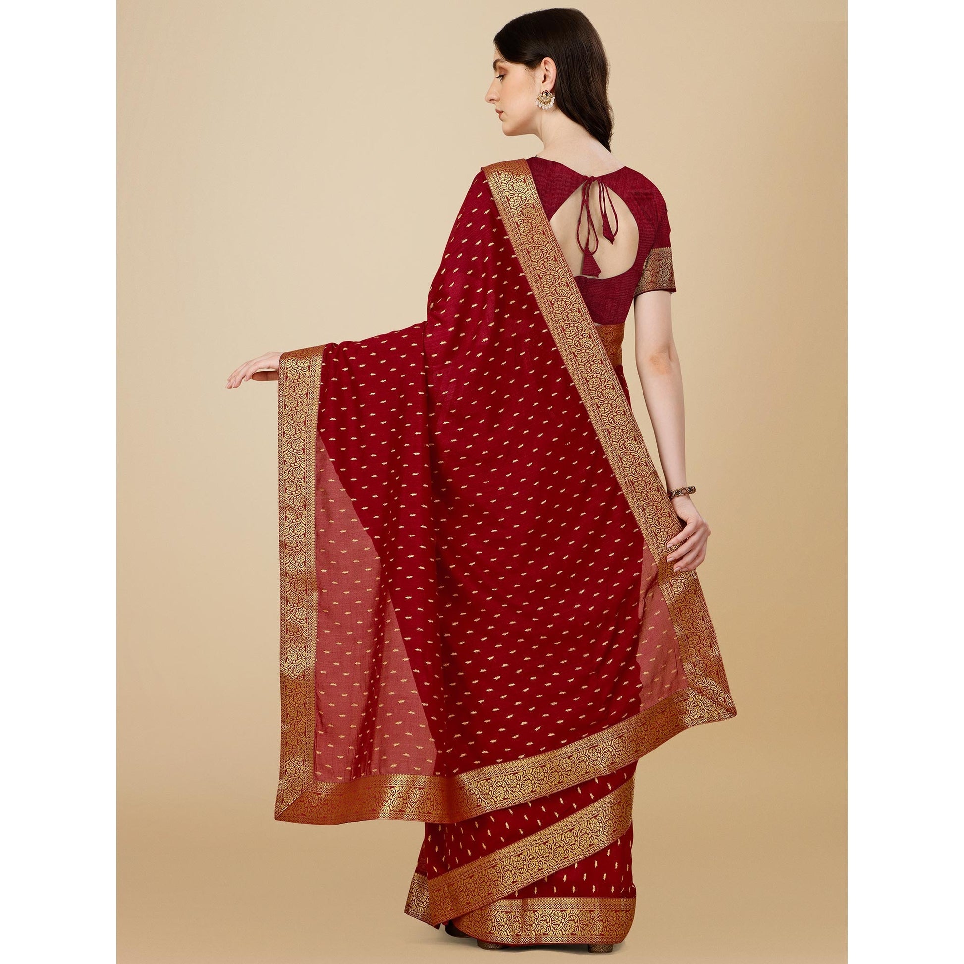 Maroon Foil Printed Vichitra Silk Saree With Jacquard Border