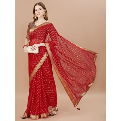 Maroon Foil Printed Chiffon Saree With Lace Border