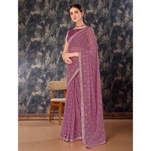 Mauve Printed Chiffon Saree With Lace Border