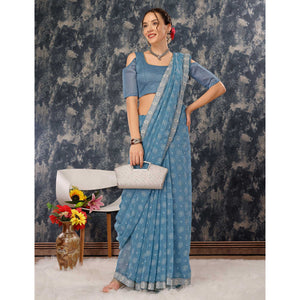 Greyish Blue Printed Chiffon Saree With Lace Border