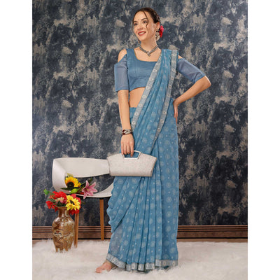 Greyish Blue Printed Chiffon Saree With Lace Border