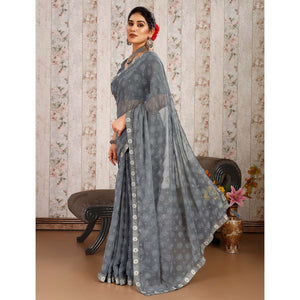 Grey Printed Chiffon Saree With Lace Border