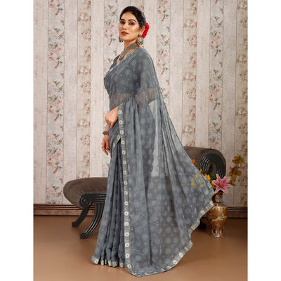 Grey Printed Chiffon Saree With Lace Border