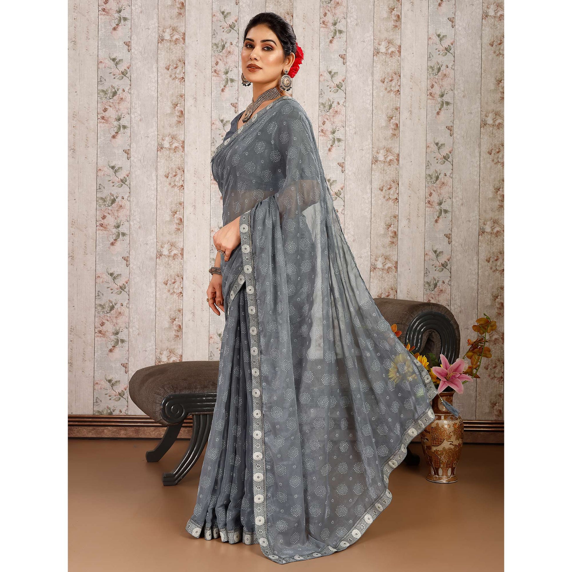 Grey Printed Chiffon Saree With Lace Border